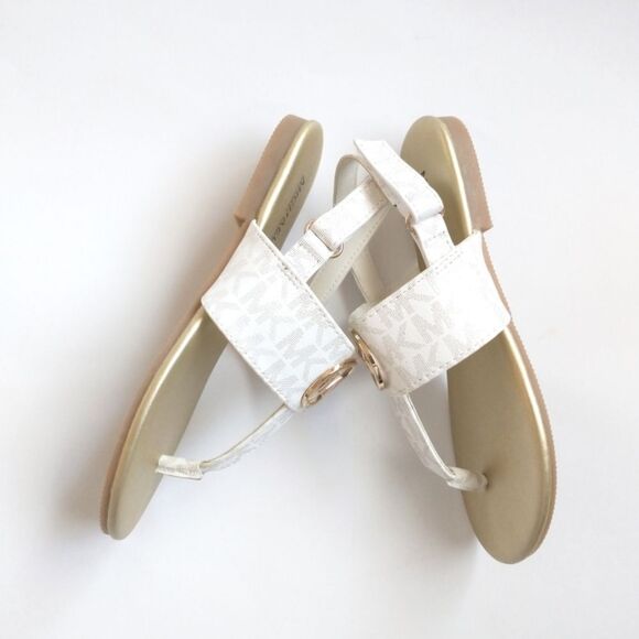 New! MICHAEL KORS Girls Marlie MK Logo T-Strap Sandals Shoe NWOB White Soft Gold - Picture 10 of 13